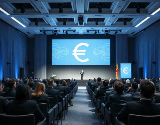 Audience at a banking conference in Madrid with a digital euro symbol on screen