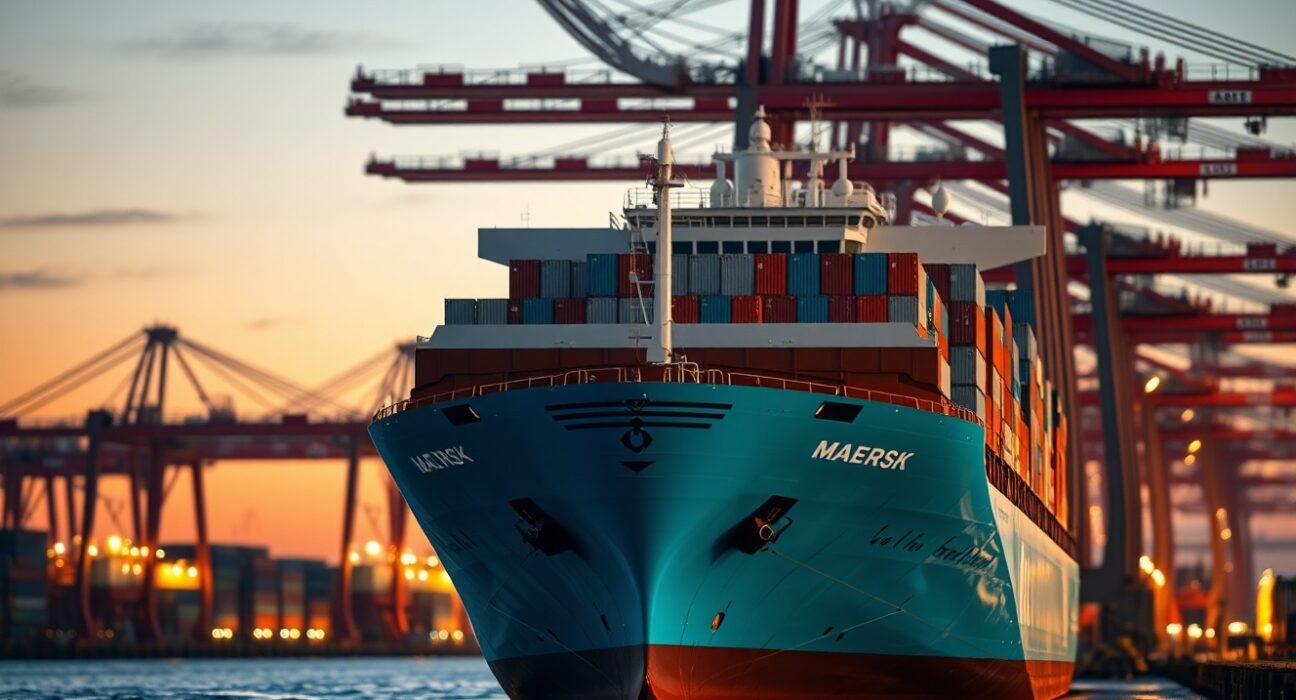 Maersk container ship at port representing global shipping and emergency fuel surcharge impact.
