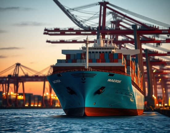 Maersk container ship at port representing global shipping and emergency fuel surcharge impact.