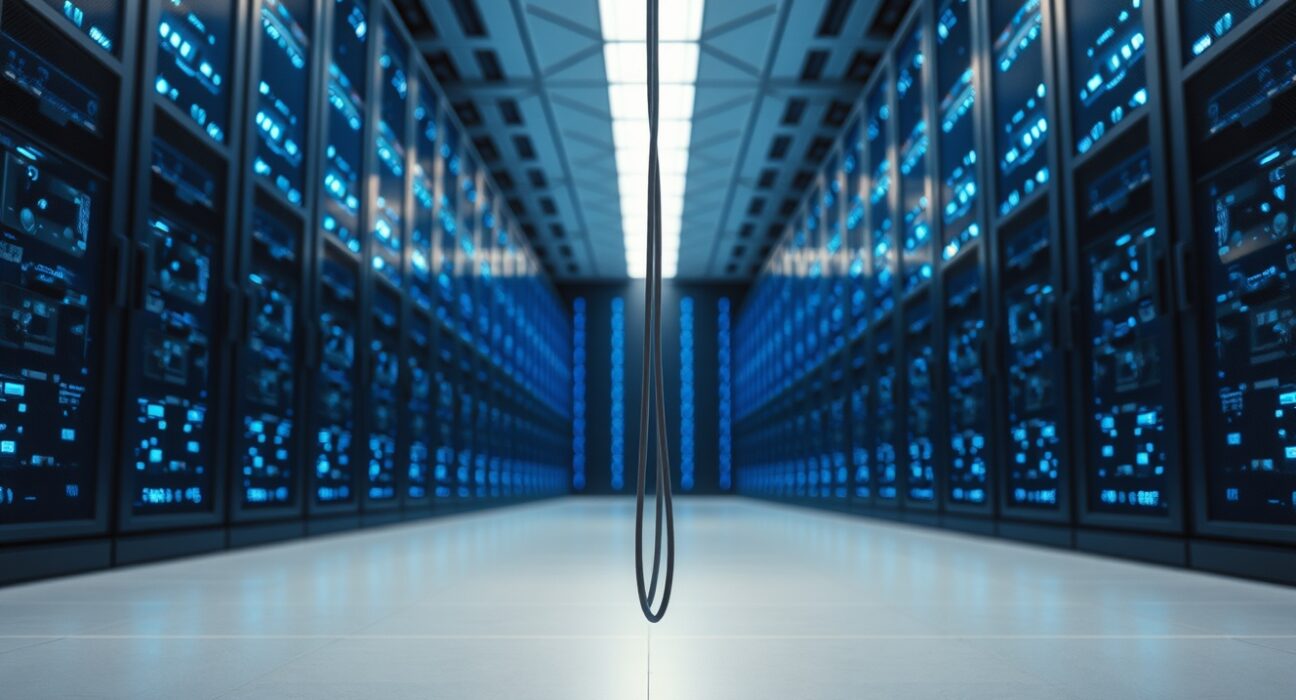 Disconnected server cables in a large data center symbolizing the end of the Mag 7 trade and AI cash-flow strain.