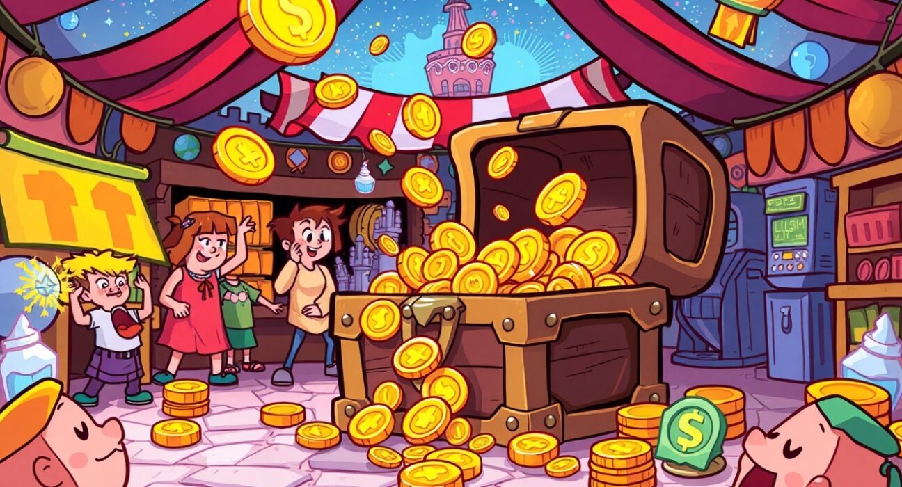 Magic Eden buybacks strategy illustrated as coins fueling NFT growth in a vibrant cartoon scene.