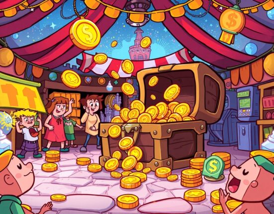 Magic Eden buybacks strategy illustrated as coins fueling NFT growth in a vibrant cartoon scene.