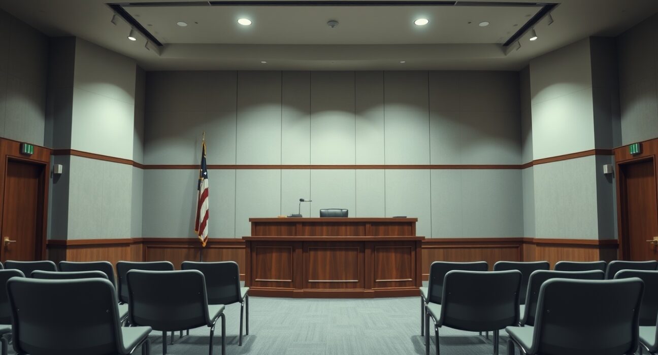 Empty courtroom with judge's bench and witness stand, representing the Magic Eden class-action lawsuit.