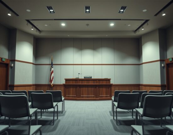 Empty courtroom with judge's bench and witness stand, representing the Magic Eden class-action lawsuit.