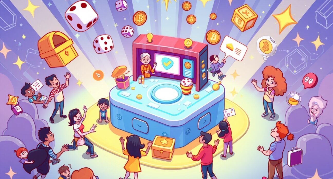 A vibrant cartoon scene showing Magic Eden's evolution into a dynamic crypto entertainment platform with gamified features.