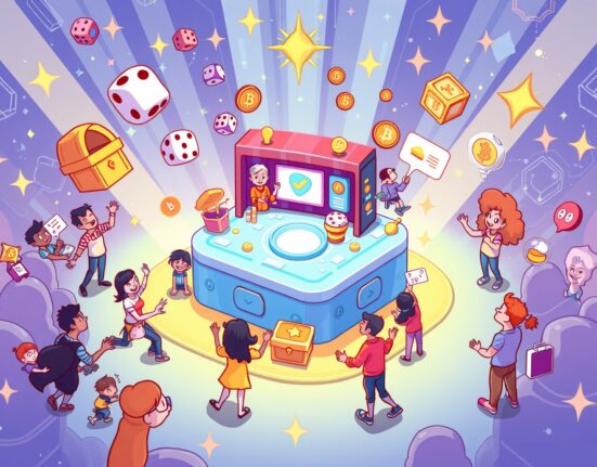 A vibrant cartoon scene showing Magic Eden's evolution into a dynamic crypto entertainment platform with gamified features.