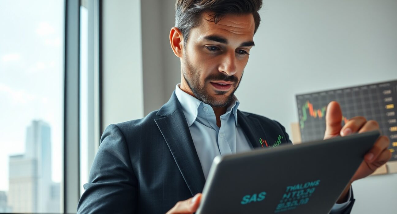 Financial analyst reviewing stock market charts on a tablet in a modern office setting