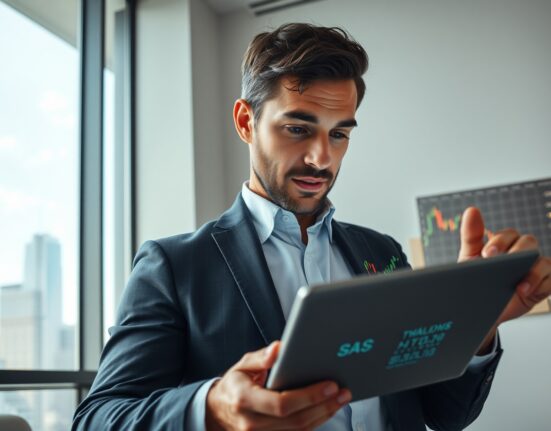 Financial analyst reviewing stock market charts on a tablet in a modern office setting
