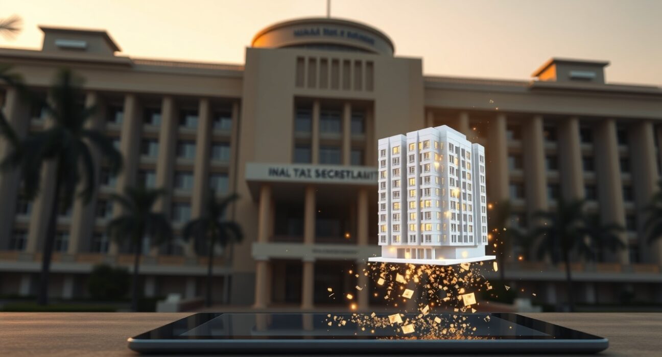 Maharashtra government building with digital tokens representing tokenized real estate in the foreground