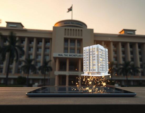Maharashtra government building with digital tokens representing tokenized real estate in the foreground