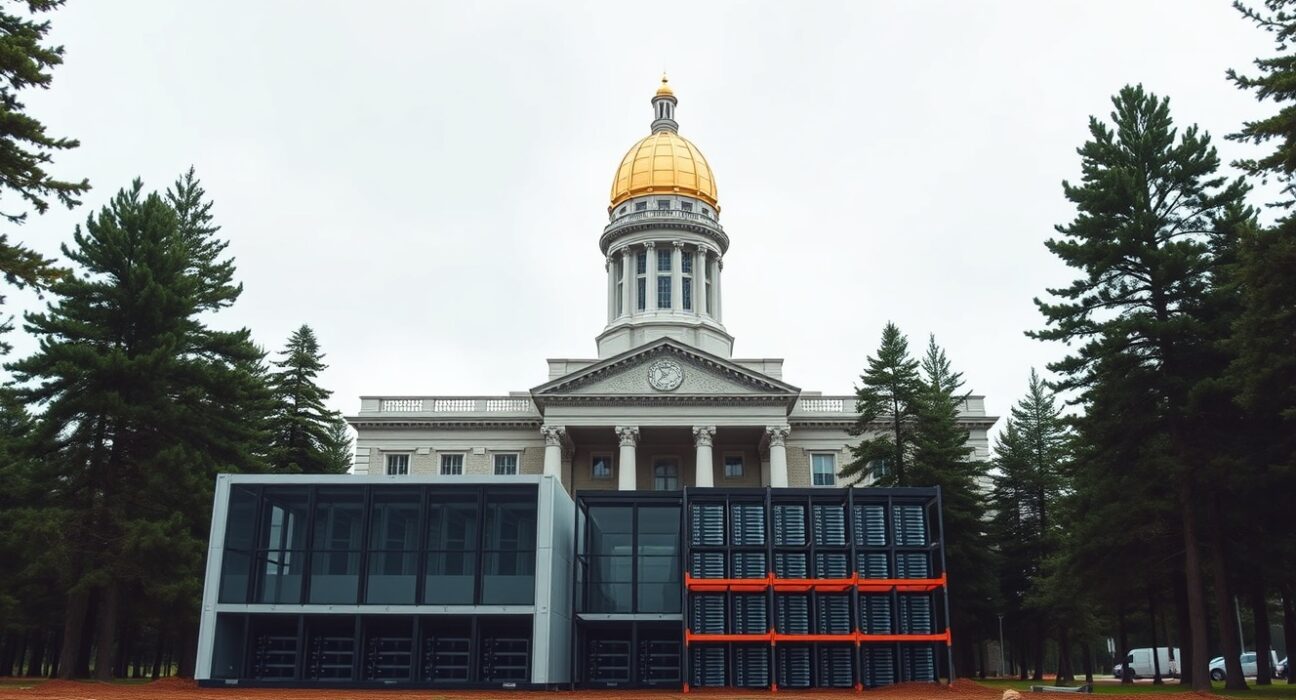 Maine State House in Augusta with a partially constructed data center in the foreground, illustrating the vetoed data center moratorium bill.