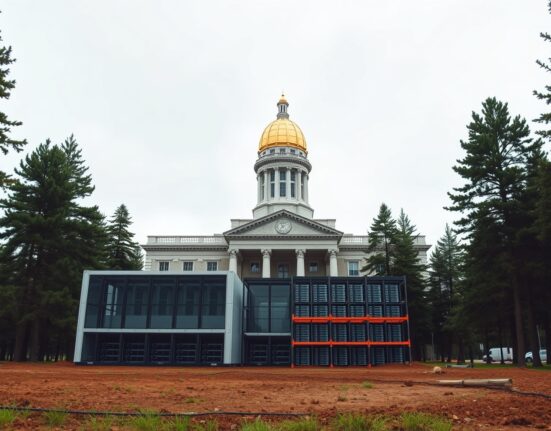 Maine State House in Augusta with a partially constructed data center in the foreground, illustrating the vetoed data center moratorium bill.