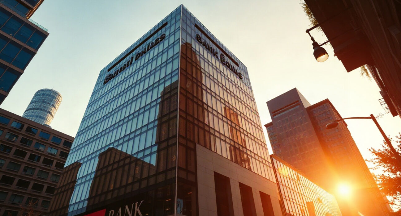 Bank headquarters with digital currency symbols symbolizing stablecoin exploration
