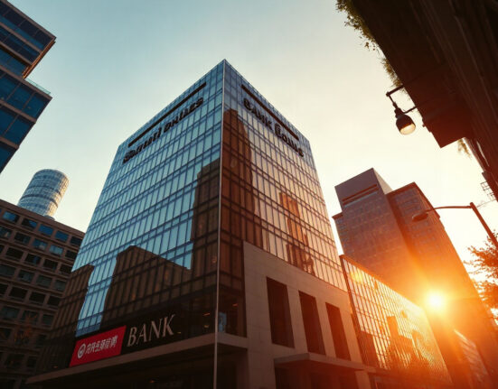Bank headquarters with digital currency symbols symbolizing stablecoin exploration