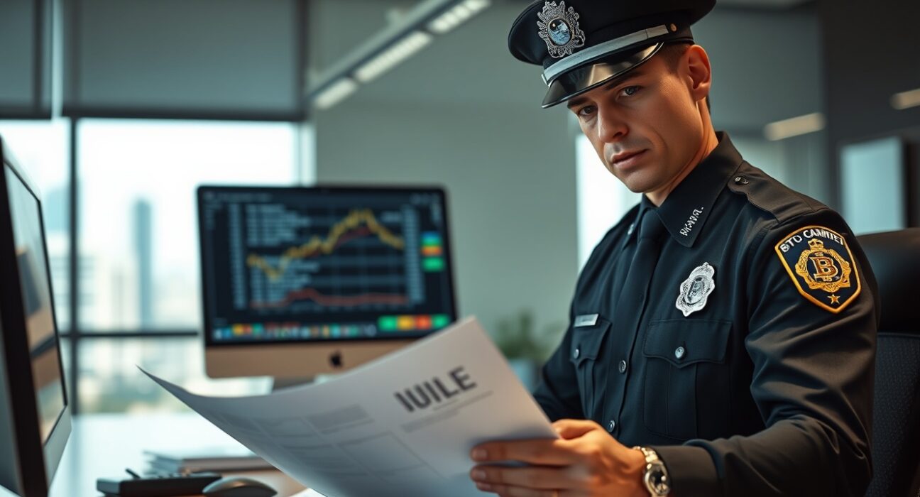 Law enforcement officer reviewing digital currency regulation documents