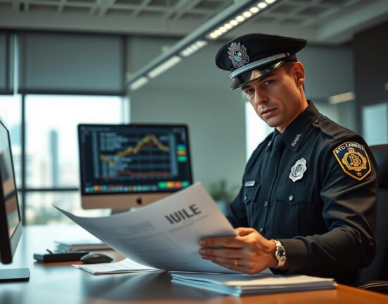 Law enforcement officer reviewing digital currency regulation documents