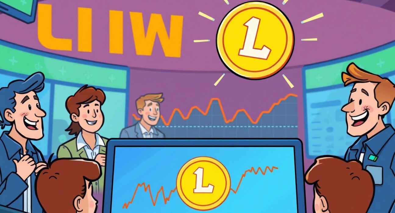 A vibrant cartoon illustration showing a digital trading screen highlighting the upcoming Coinone Linea listing on a South Korean exchange.