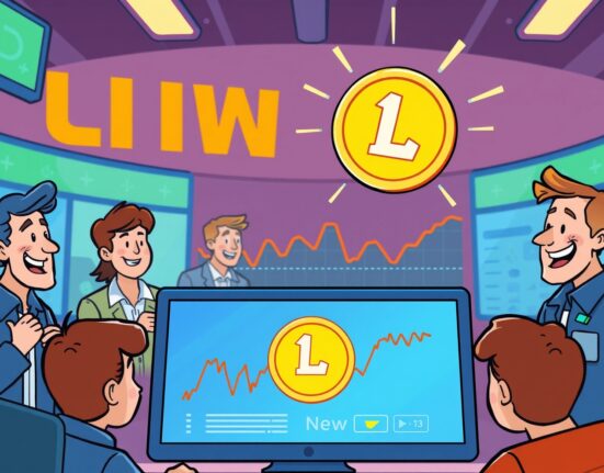 A vibrant cartoon illustration showing a digital trading screen highlighting the upcoming Coinone Linea listing on a South Korean exchange.