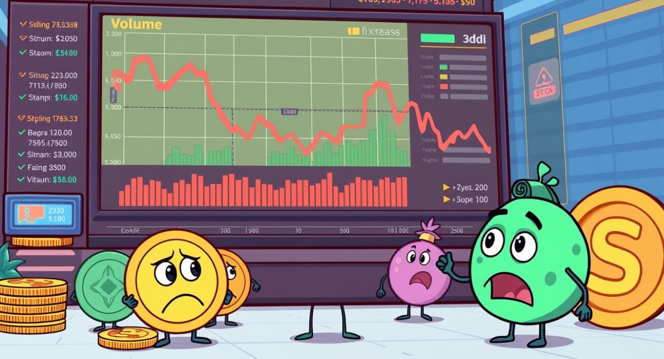 Cartoon illustration showing a sharp decline in cryptocurrency spot trading volume on a major exchange dashboard.