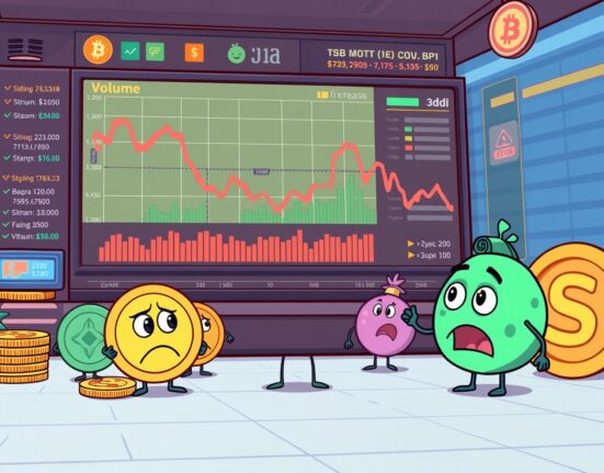 Cartoon illustration showing a sharp decline in cryptocurrency spot trading volume on a major exchange dashboard.
