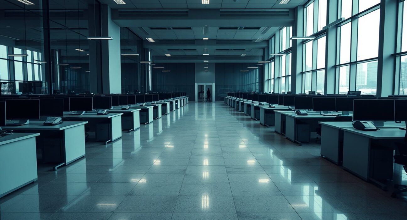 Empty tech office with desks and dim lighting representing layoffs and AI-driven restructuring in 2026