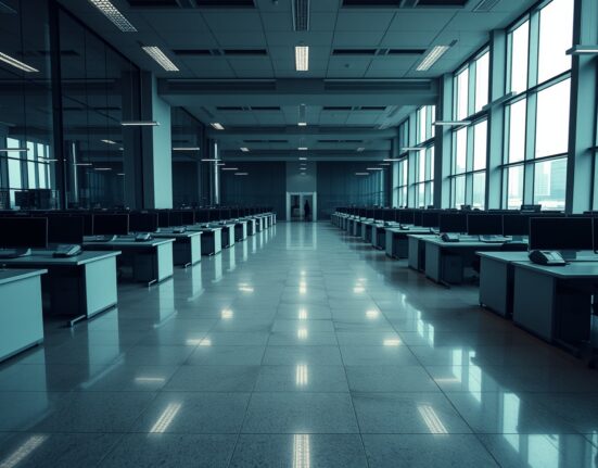 Empty tech office with desks and dim lighting representing layoffs and AI-driven restructuring in 2026