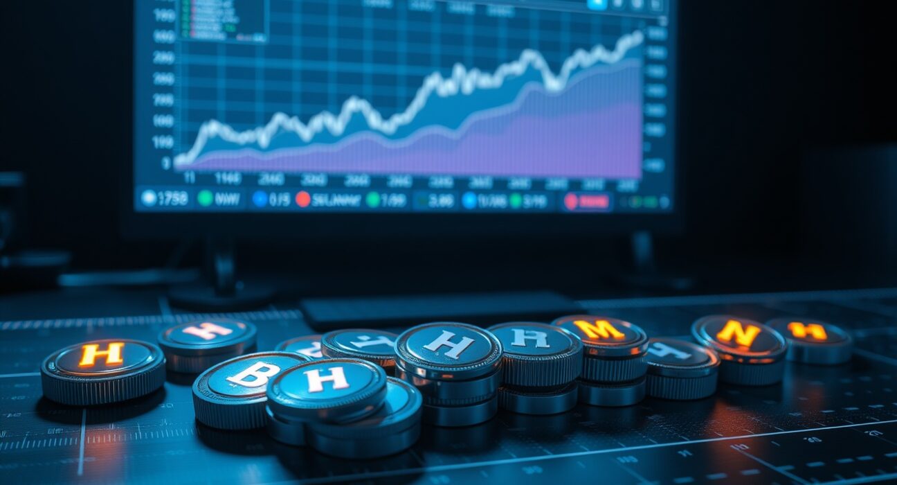 Visual representation of scheduled token unlocks with digital tokens and a market graph in the background.