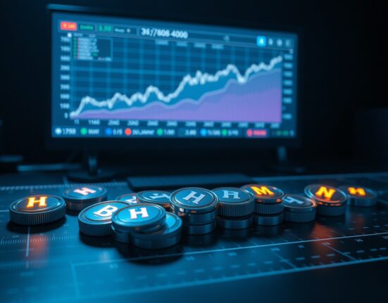 Visual representation of scheduled token unlocks with digital tokens and a market graph in the background.