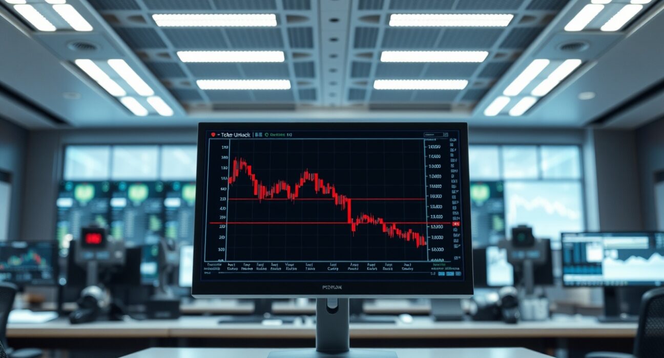 Financial news monitor displaying volatile cryptocurrency chart with token unlock schedule visible.