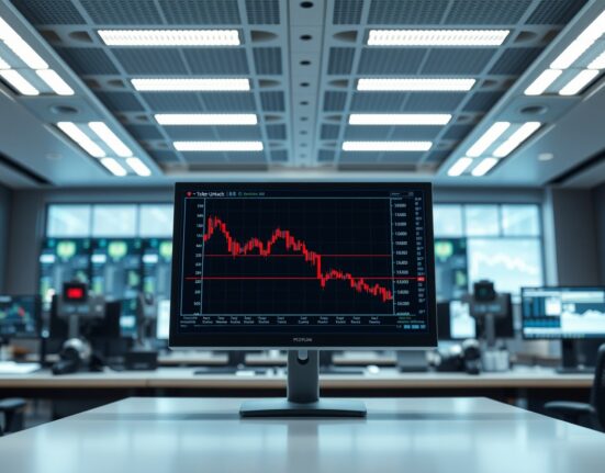 Financial news monitor displaying volatile cryptocurrency chart with token unlock schedule visible.