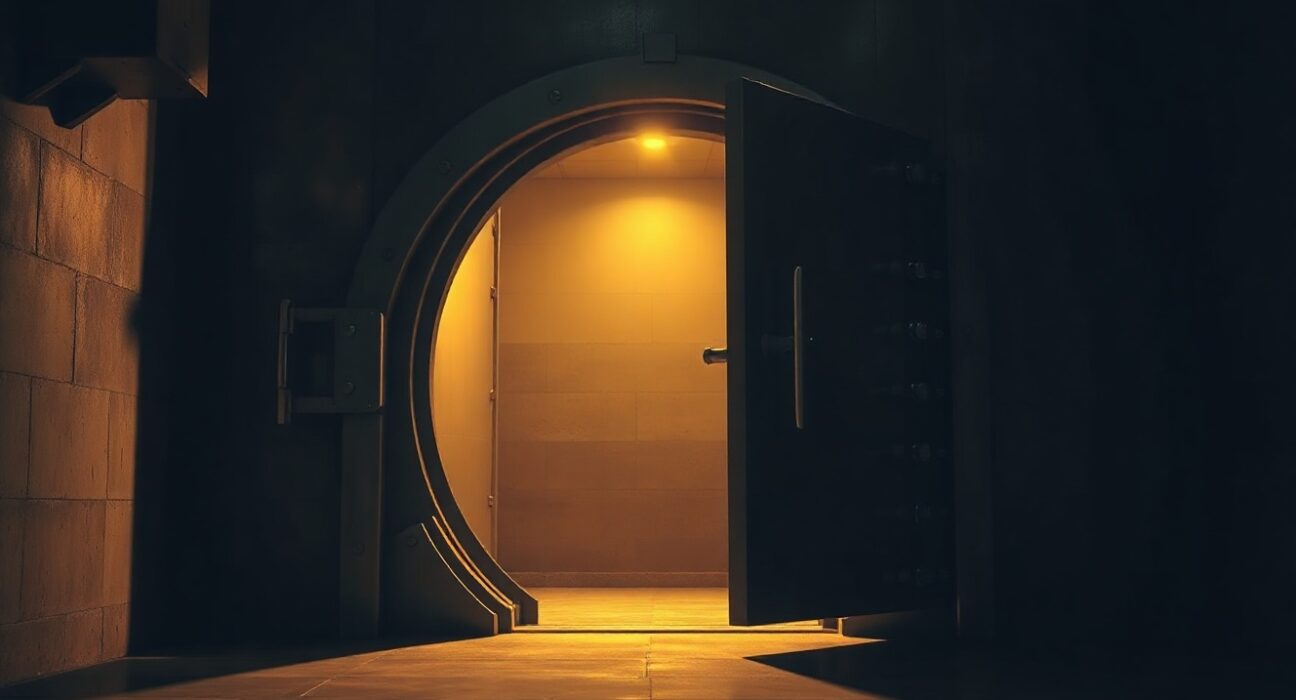 A large vault door opening with a warm glow, representing the release of tokens into the market.