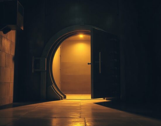 A large vault door opening with a warm glow, representing the release of tokens into the market.