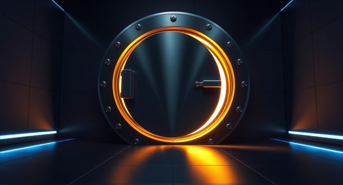 A high-tech vault door slightly open with golden light spilling out, symbolizing cryptocurrency token unlocks.