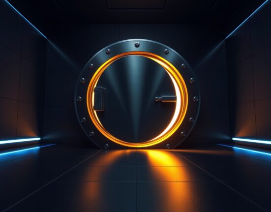 A high-tech vault door slightly open with golden light spilling out, symbolizing cryptocurrency token unlocks.