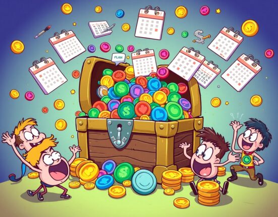 Cartoon treasure chest revealing explosive token unlocks with colorful digital assets