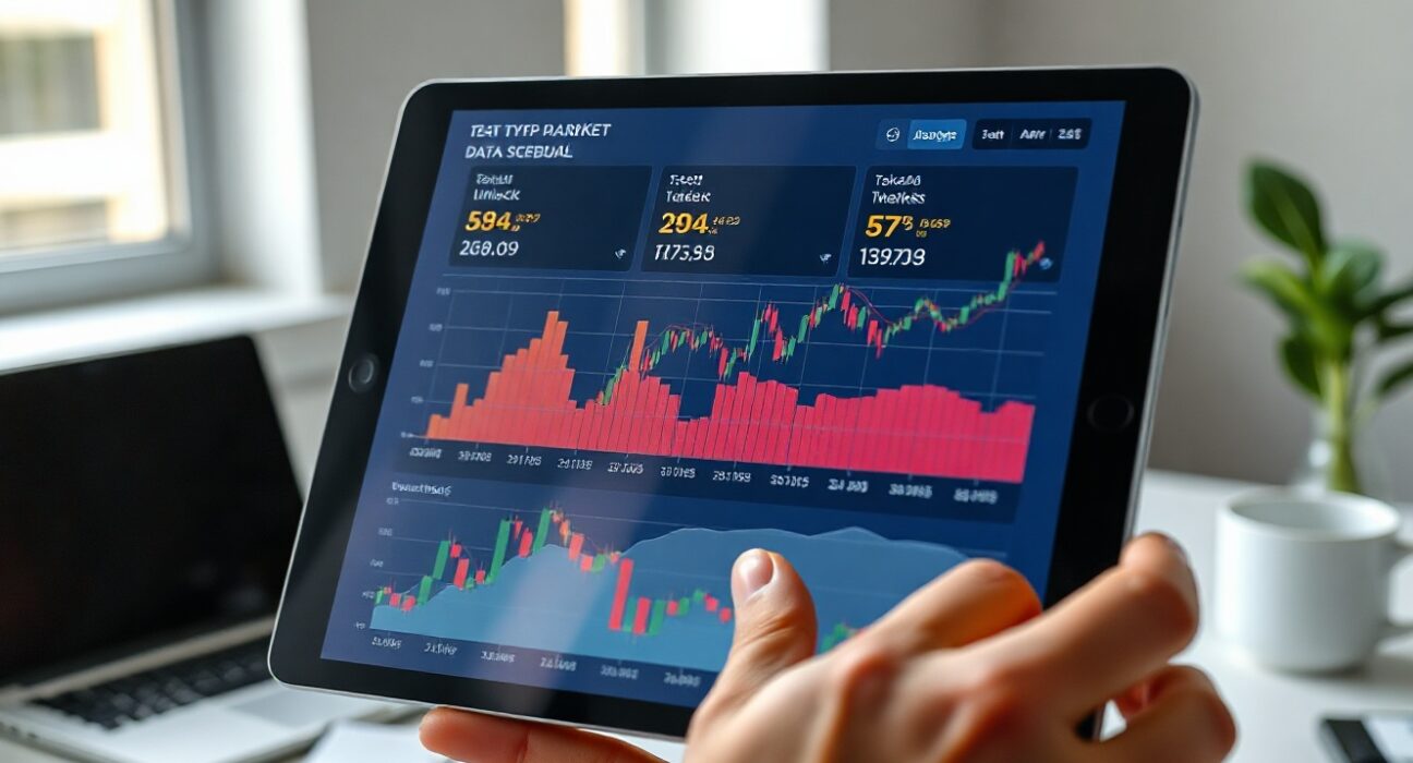 Cryptocurrency token unlock data displayed on a tablet in a professional office setting