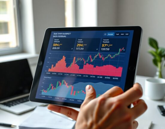 Cryptocurrency token unlock data displayed on a tablet in a professional office setting