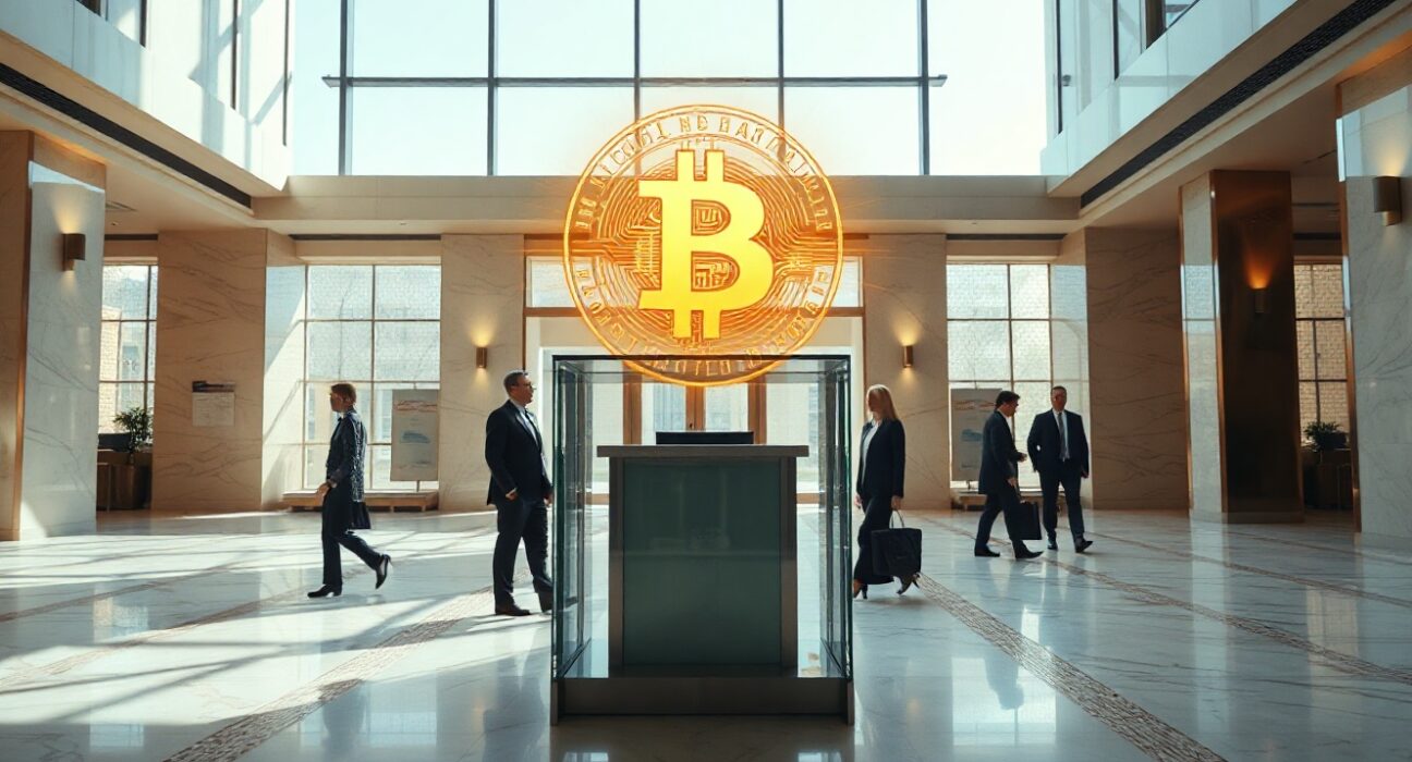Modern bank lobby interior with blockchain symbols representing digital deposit token innovation