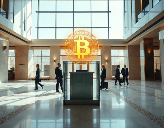 Modern bank lobby interior with blockchain symbols representing digital deposit token innovation