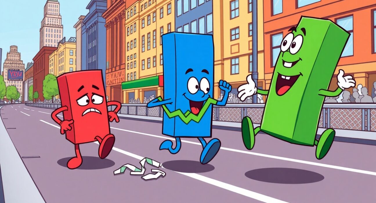 A vibrant cartoon showing the major US indexes close mixed with charts displaying different emotions on Wall Street.