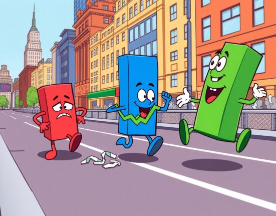 A vibrant cartoon showing the major US indexes close mixed with charts displaying different emotions on Wall Street.