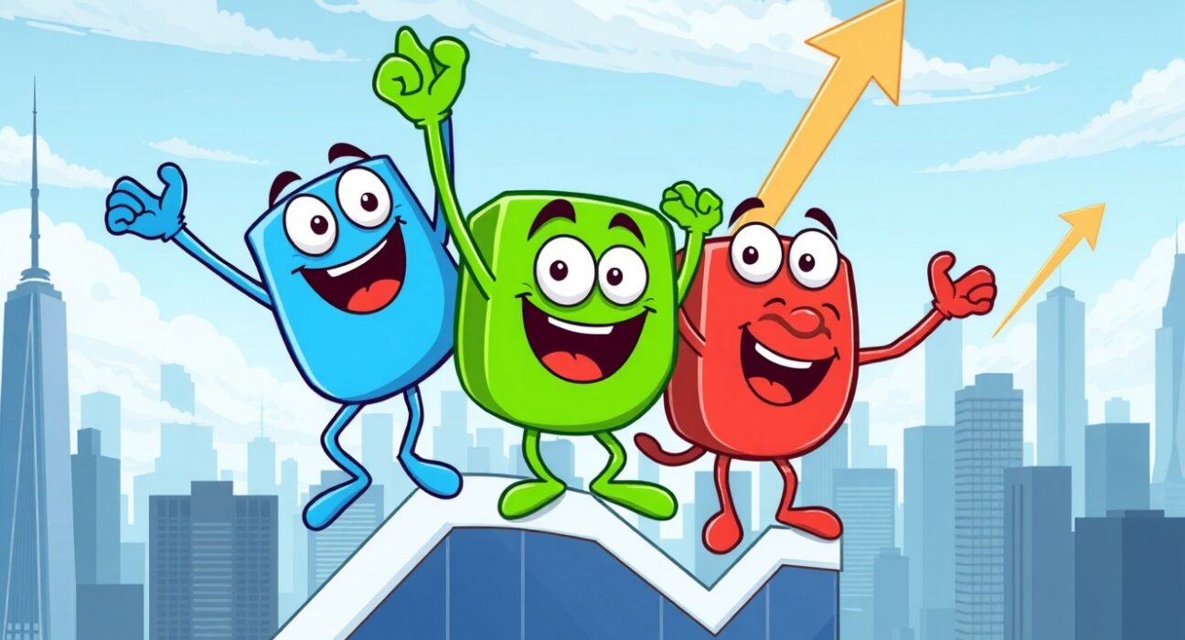 Major US indices celebrating a positive market day with rising graphs and vibrant energy