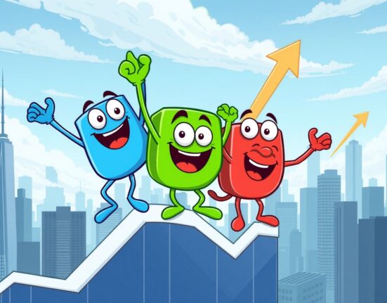 Major US indices celebrating a positive market day with rising graphs and vibrant energy