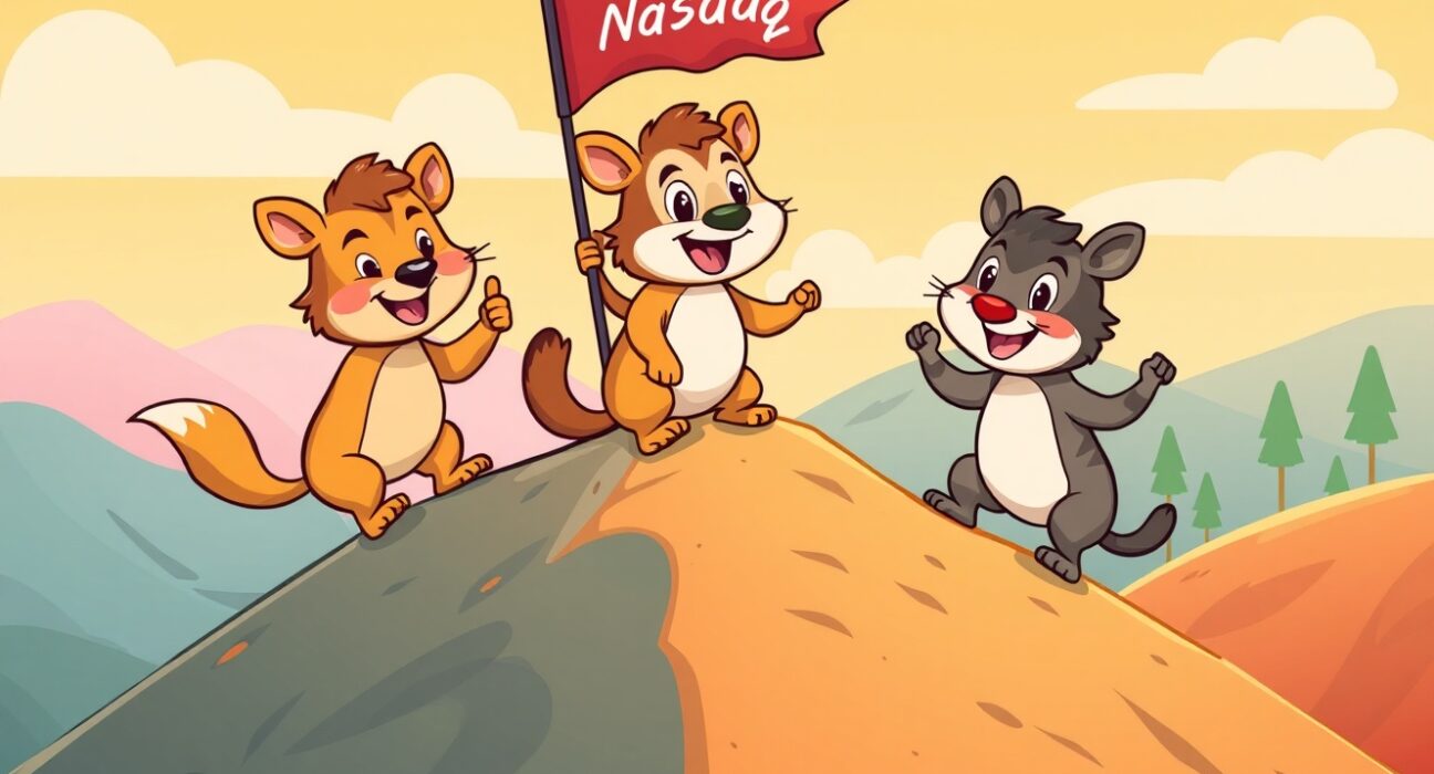 Major US indices climbing together in vibrant cartoon illustration showing market growth