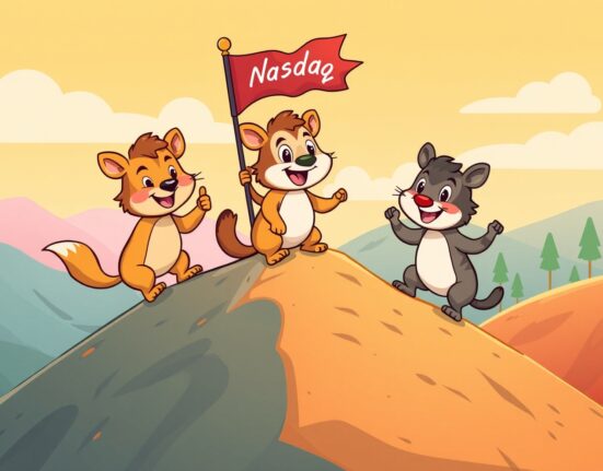 Major US indices climbing together in vibrant cartoon illustration showing market growth