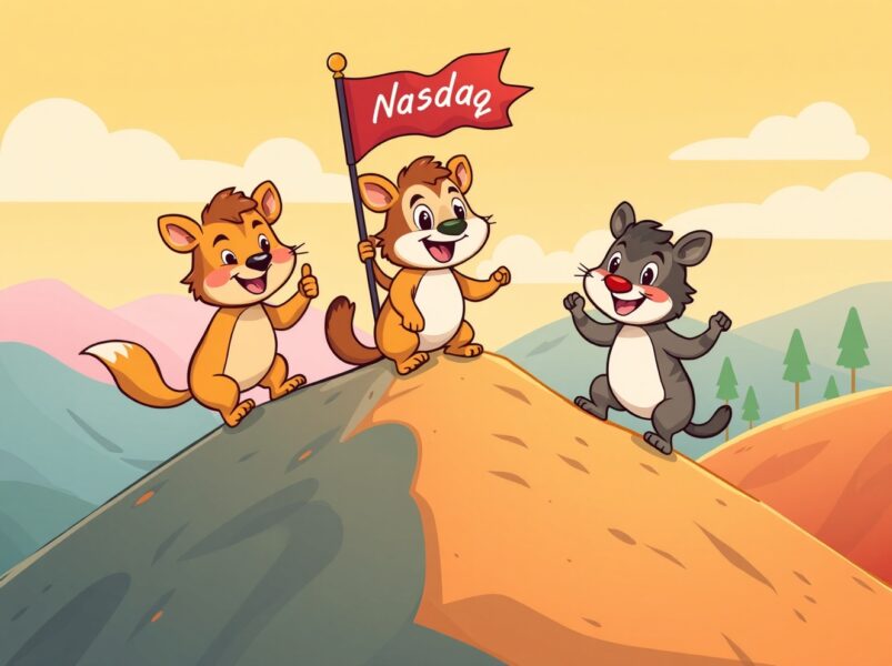 Major US indices climbing together in vibrant cartoon illustration showing market growth