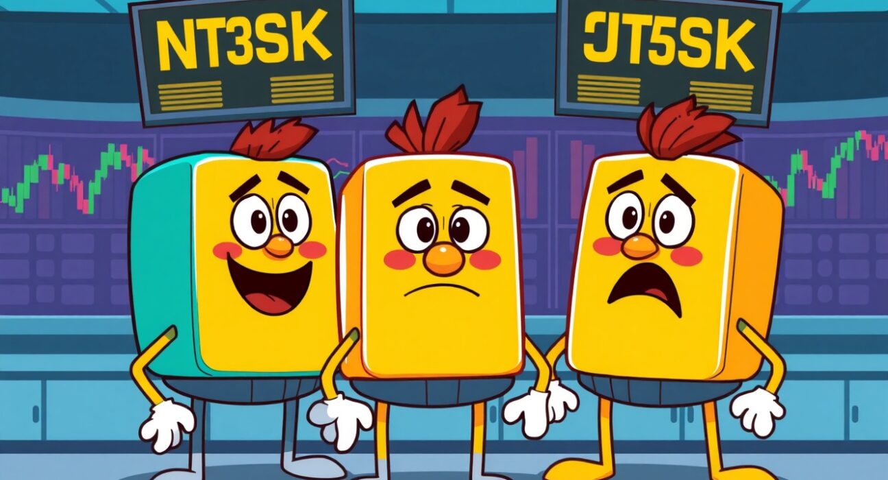 Cartoon illustration showing mixed performance of major US indices with contrasting market indicators