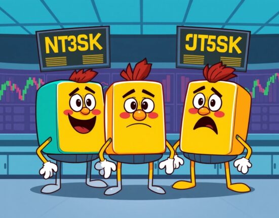 Cartoon illustration showing mixed performance of major US indices with contrasting market indicators