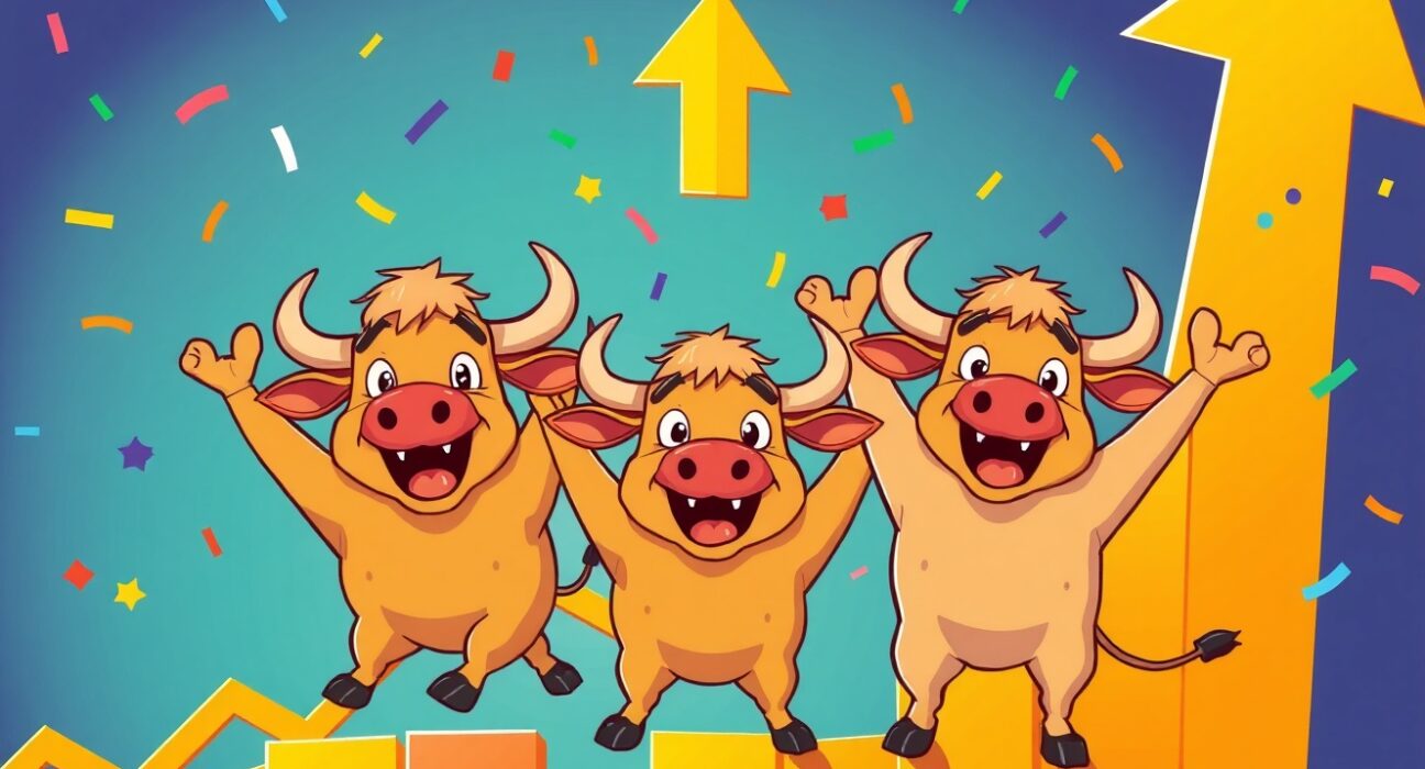 Major US indices celebrating a strong market rally with upward trending graphs