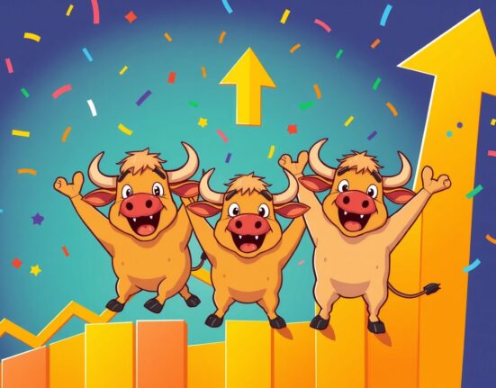Major US indices celebrating a strong market rally with upward trending graphs